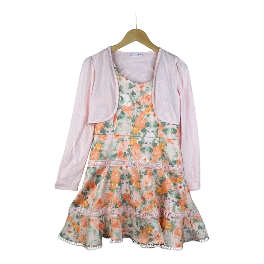 New‎ Knit Works Floral Print Dress/Cardigan Set size 14.5 Girls Pink/Green